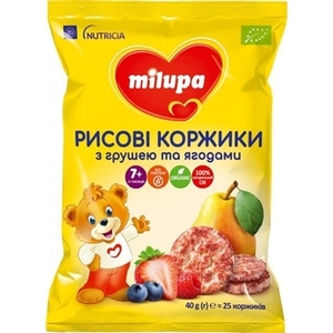 Рисові коржики Milupa з грушею та ягодами для харчування дітей від 7-ми місяців
