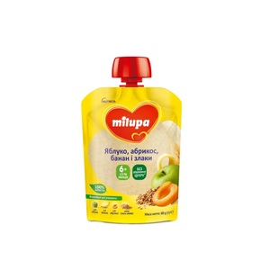 Пюре Milupa фруктове Яблуко, абрикос, банан та злаки 80г(пауч)